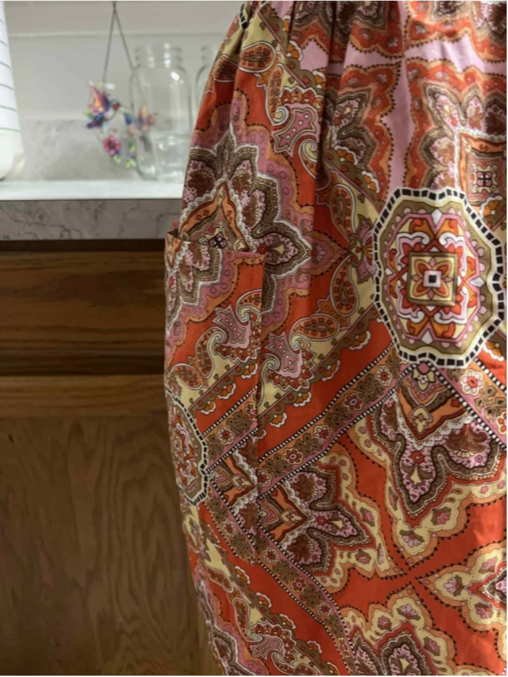 Handmade Kitchen Waist Apron with Pockets Retro Boho Orange Red Pink Pattern NEW